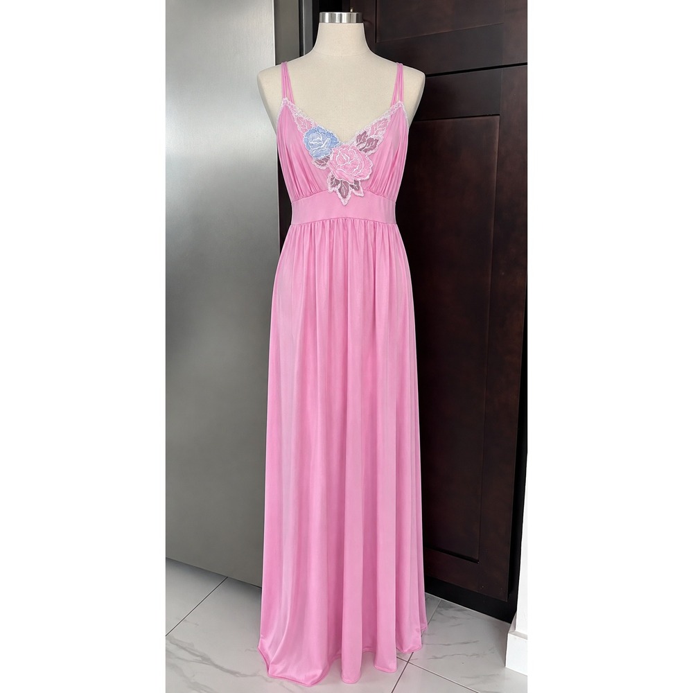 Vintage Lorraine Pink Nightgown Lingerie Small Lace Floral Maxi Slip Dress NWT